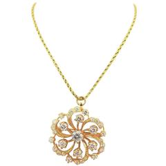 Vintage 1960s Revival 2 Carats Diamonds Gold Snowflake Motif Pendant Necklace