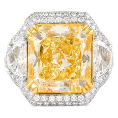 Alexander GIA Certified 10.01ct Fancy Yellow VS2 Diamond Three-Stone Halo Ring
