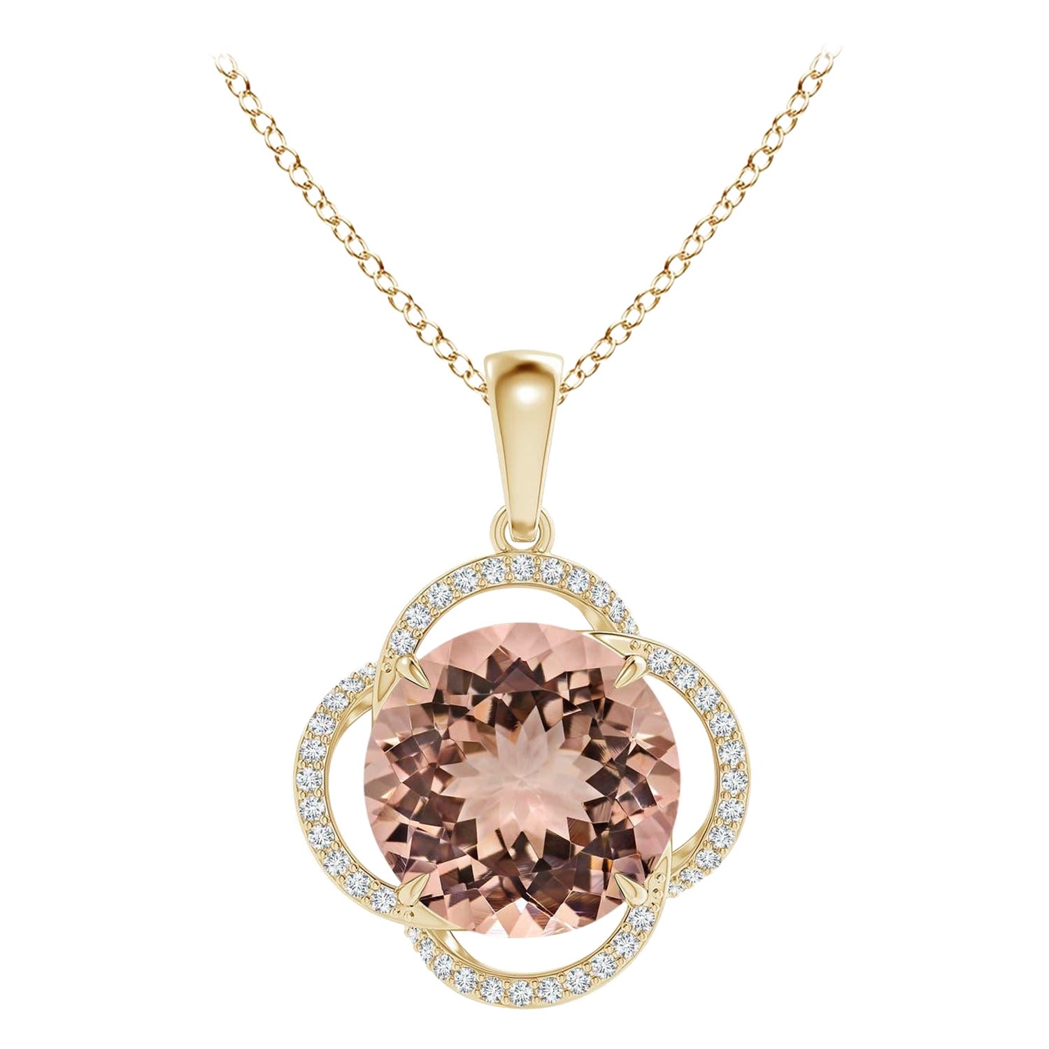 GIA Certified Natural Morganite Clover Halo Pendant in Yellow Gold For Sale
