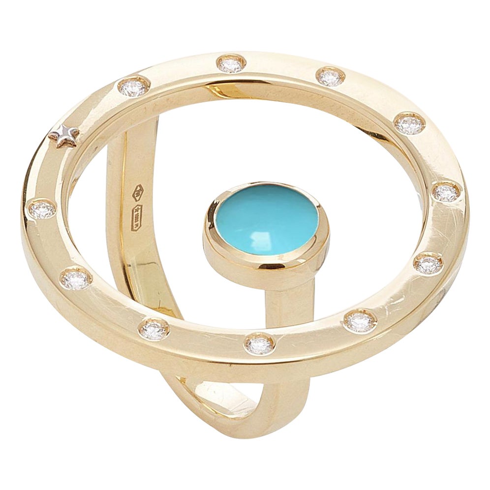 18 Karat Gold, 11 Diamonds 0.22 Carat, Turquoise Cabochon Cut, Cocktail Ring For Sale