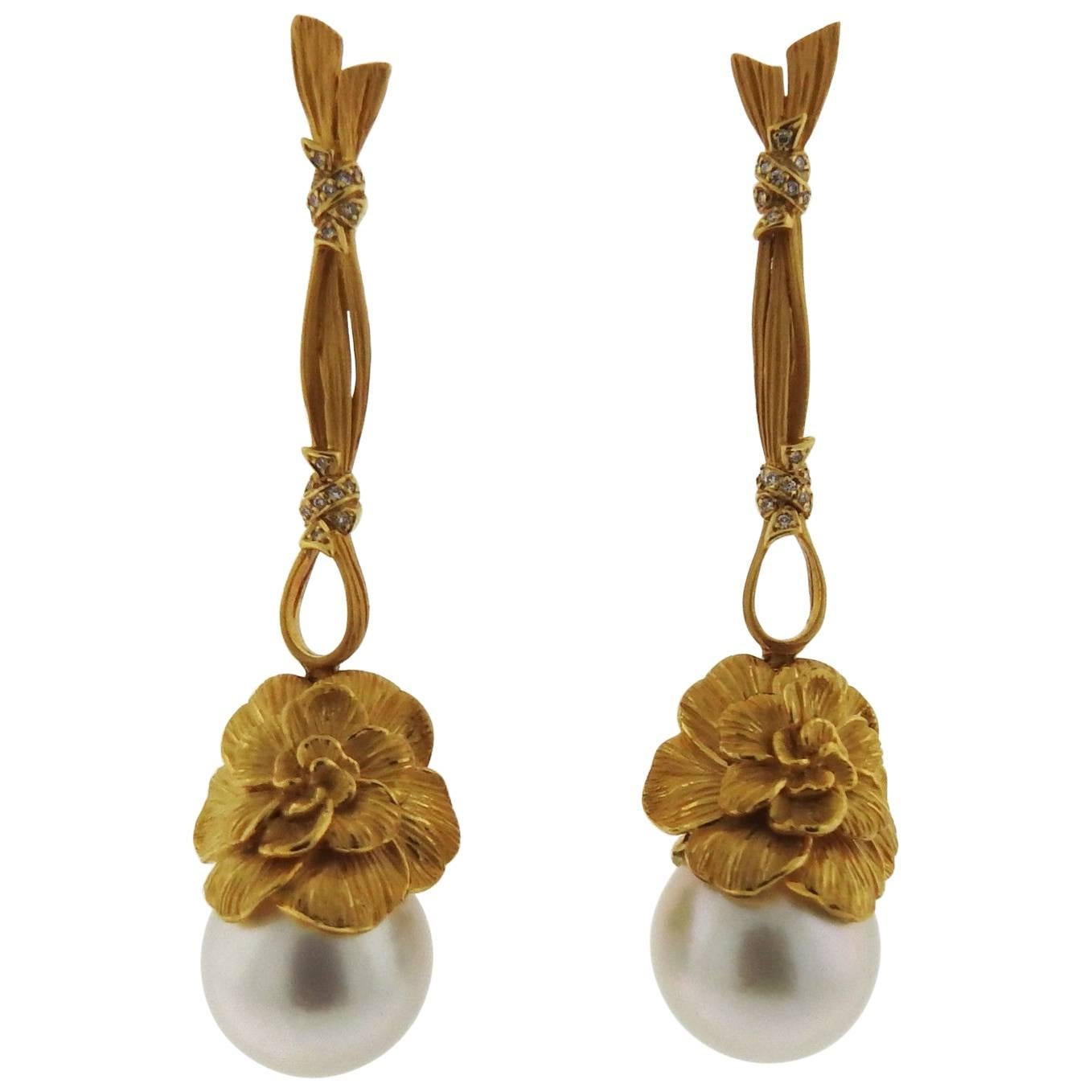 Carrera Y Carrera South Sea Pearl Diamond Gold Flower Earrings