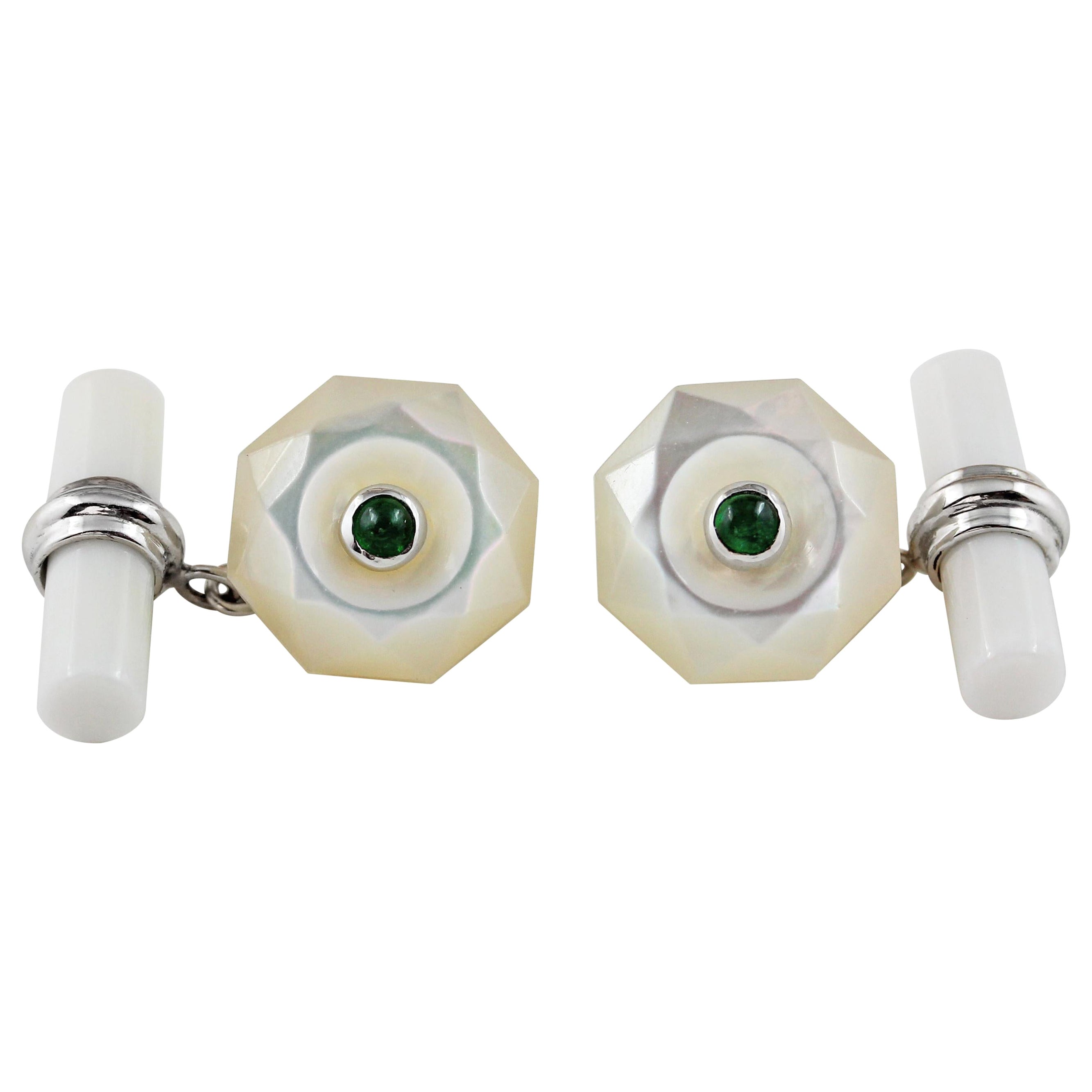 18 White Gold Mother of Pearl Emeralds Cabochon Cufflinks For Sale