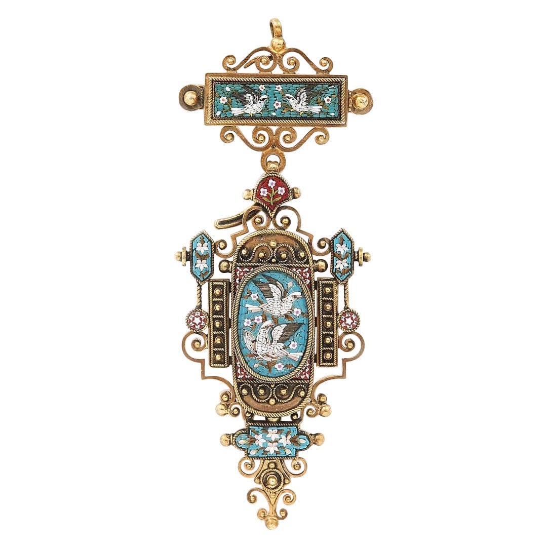Victorian Twin Doves Micromosaic Pendant and Brooch, Circa 1860