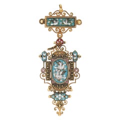 Antique Victorian Twin Doves Micromosaic Pendant and Brooch, Circa 1860