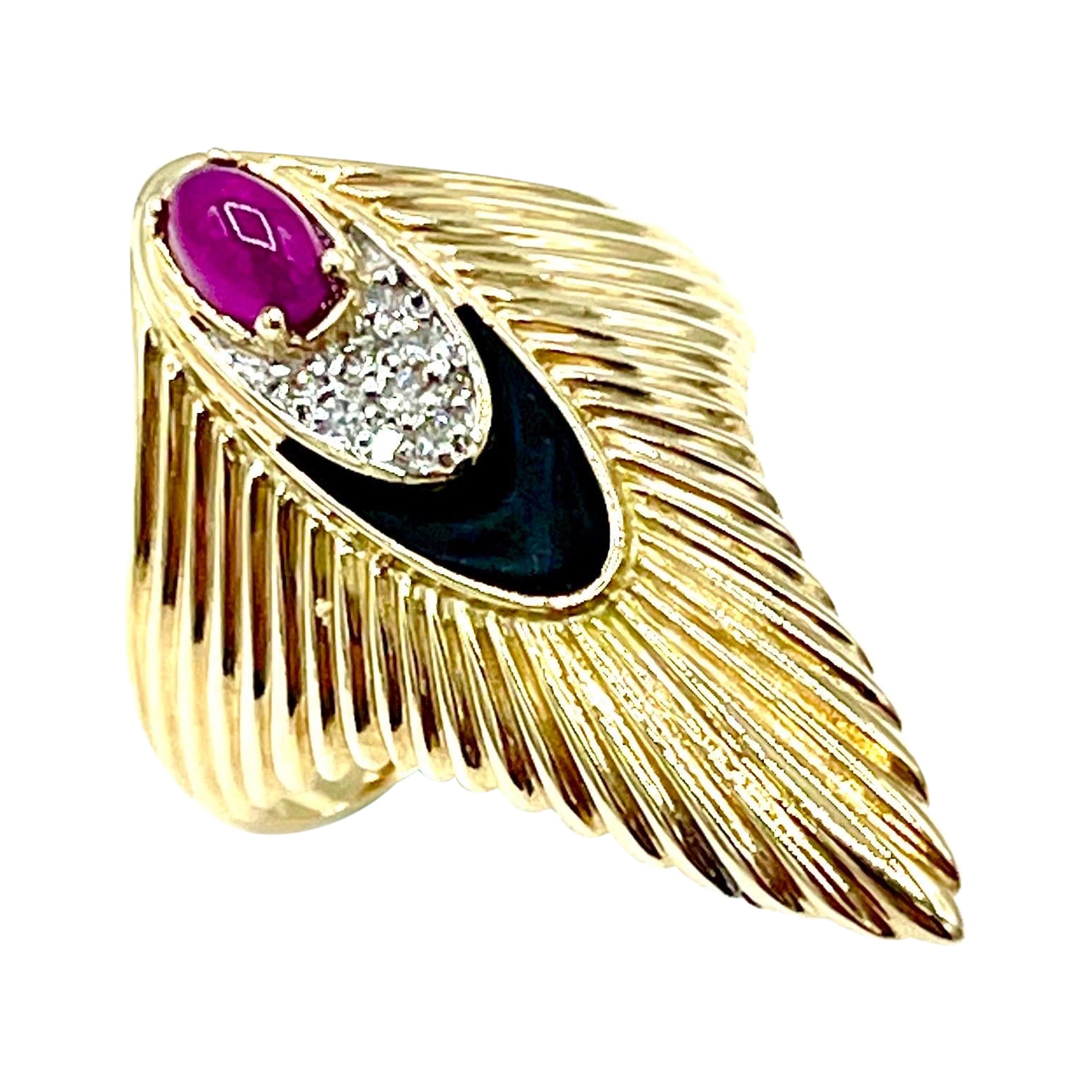Erté Rayonnement Ruby Diamond, and Enamel Yellow Gold Cocktail Ring