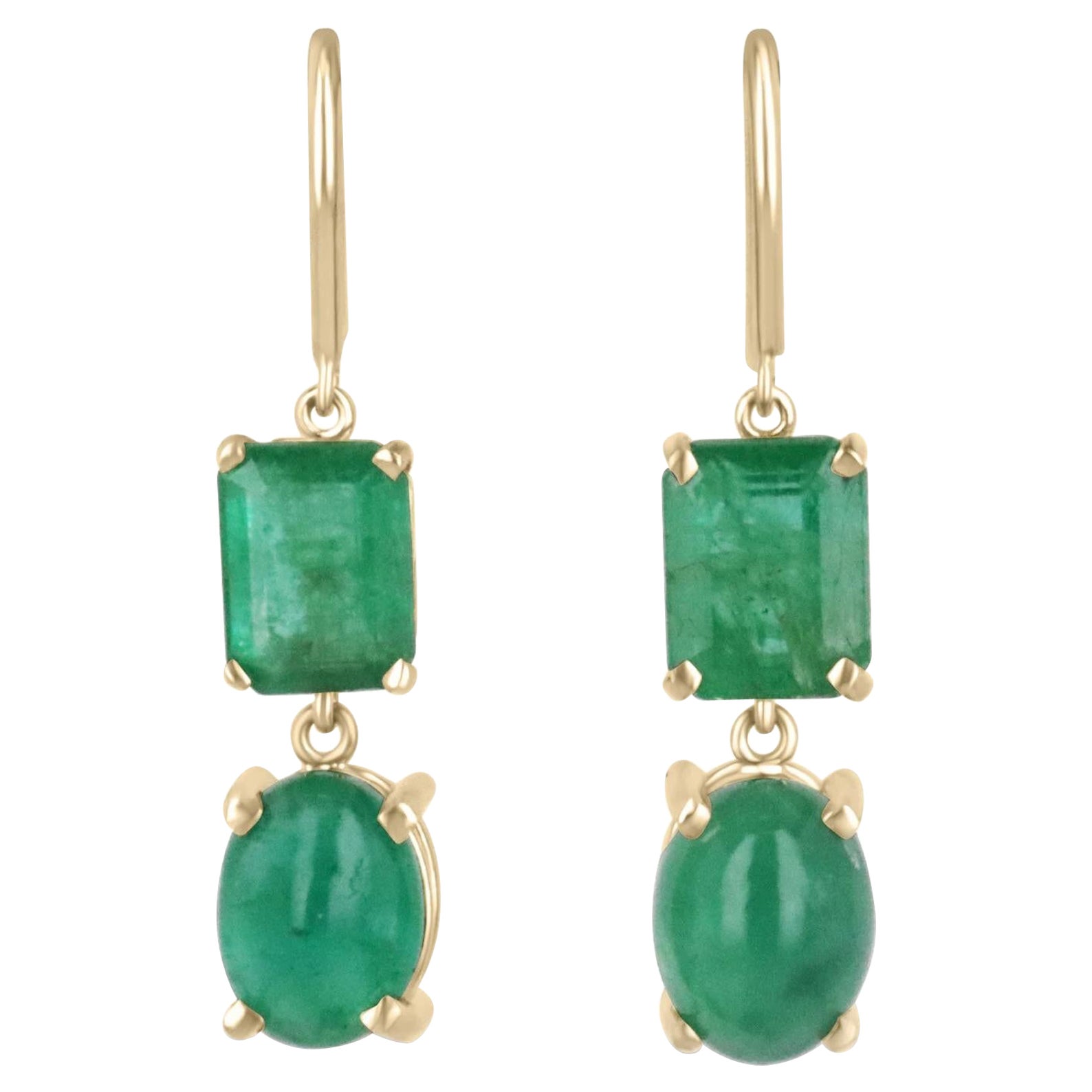8.45tcw Forest Green Emerald-Emerald Cut & Cabochon Dangle Earrings 14K