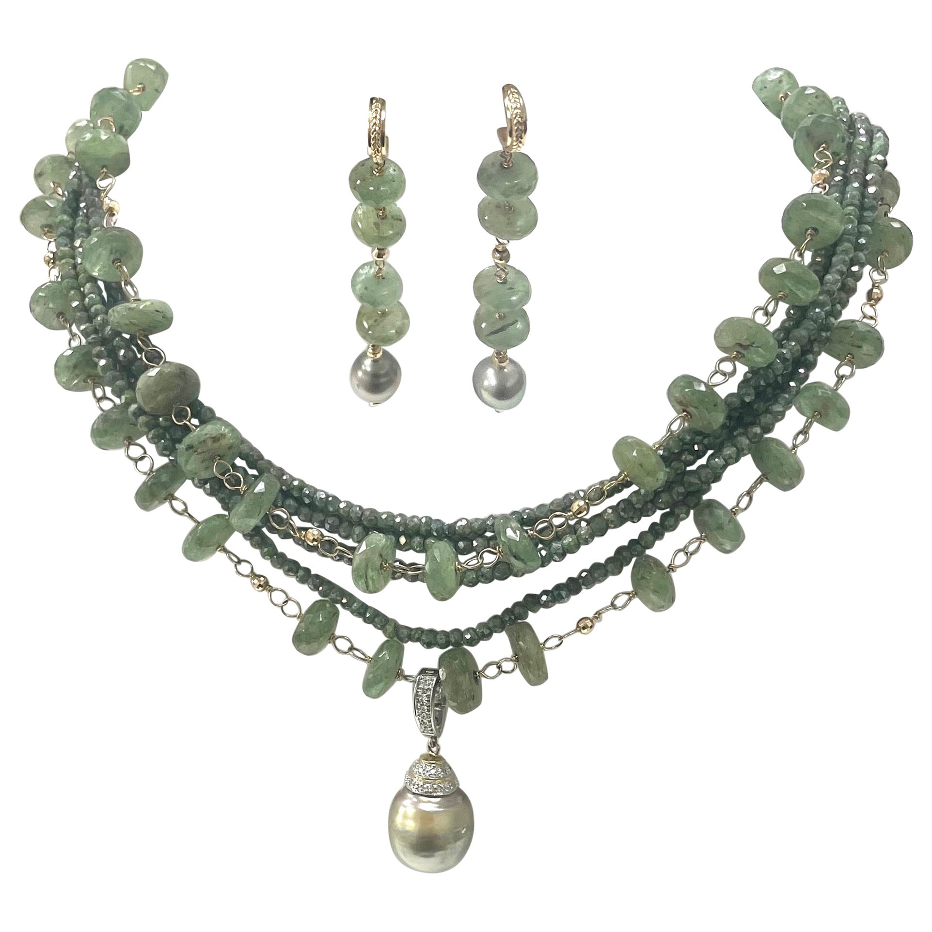 Bead Green Kyanite with Tahitian Pearls Paradizia Earrings For Sale