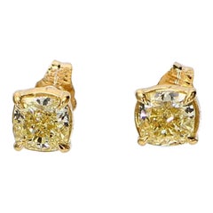 Natural Yellow Cushion Diamond 1.81 Carat TW Yellow Gold Stud Earrings