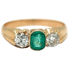 Vintage Emerald Diamond 14 Karat Yellow Gold Three Stone Ring