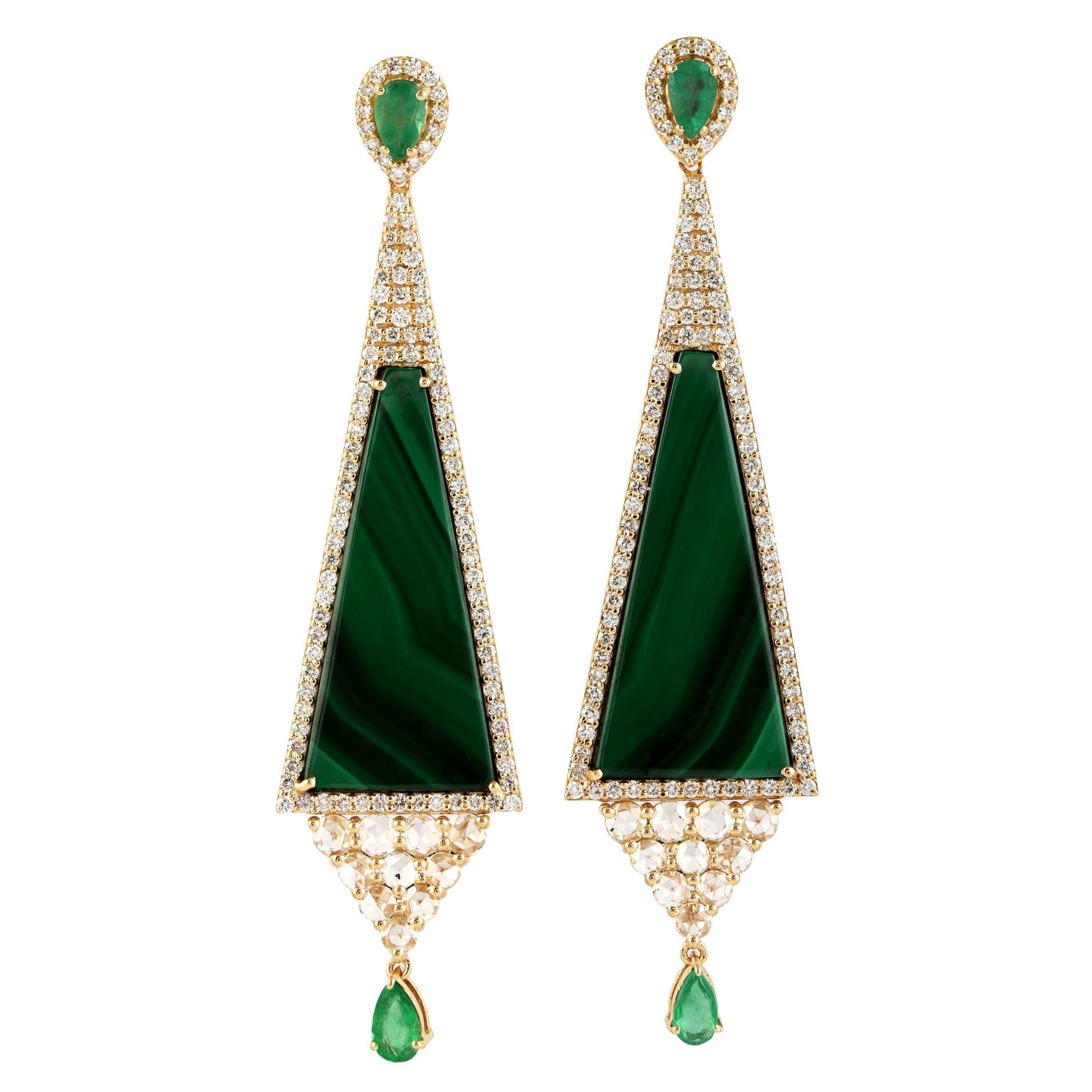 Pyramid Shaped Malachite Earring with Emerald & Pave Diamonds in 18k Yellow Gold