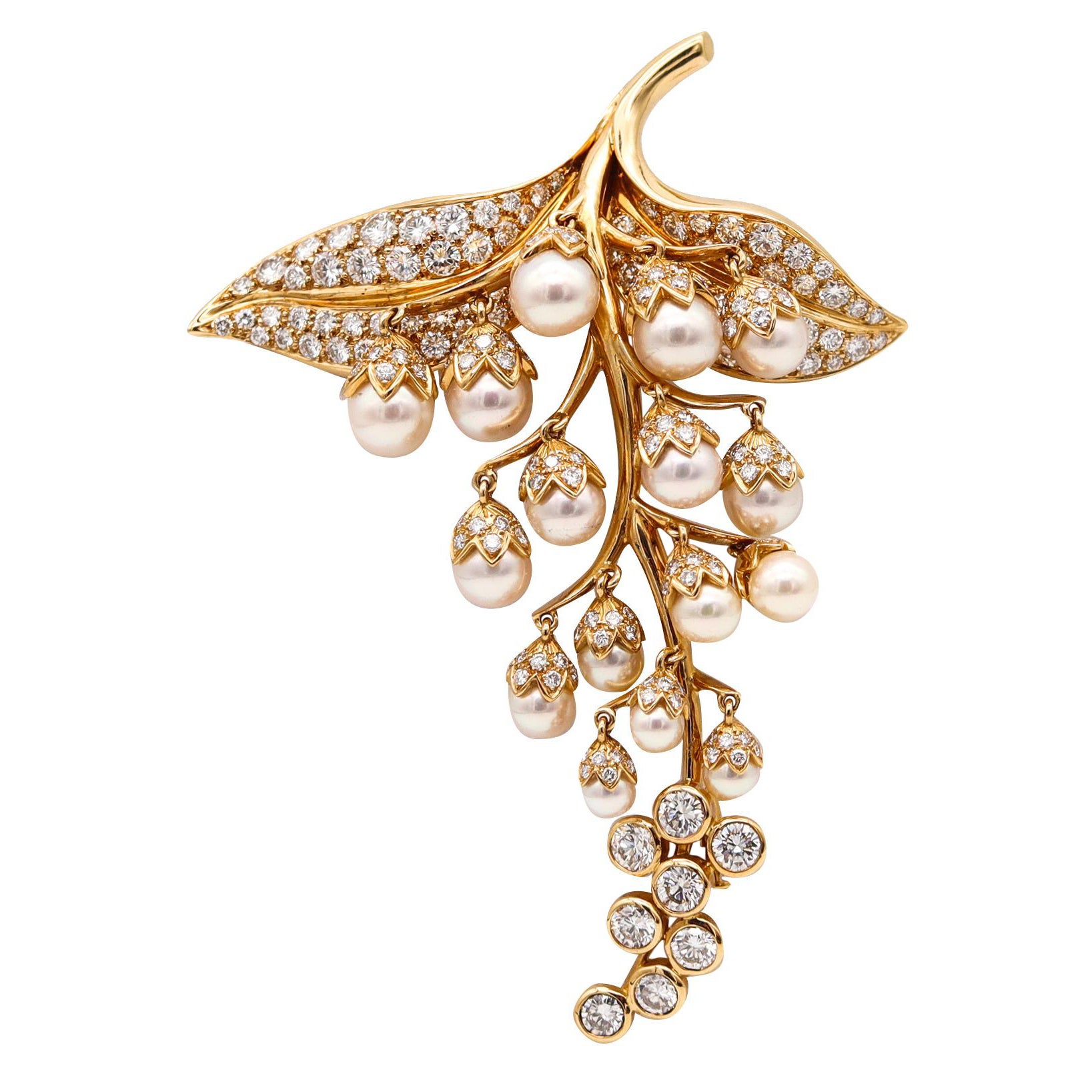 Rene Boivin Paris Edelstein-Brosche aus 18 Karat Gold mit 14,09 Karat Diamanten und Perlen