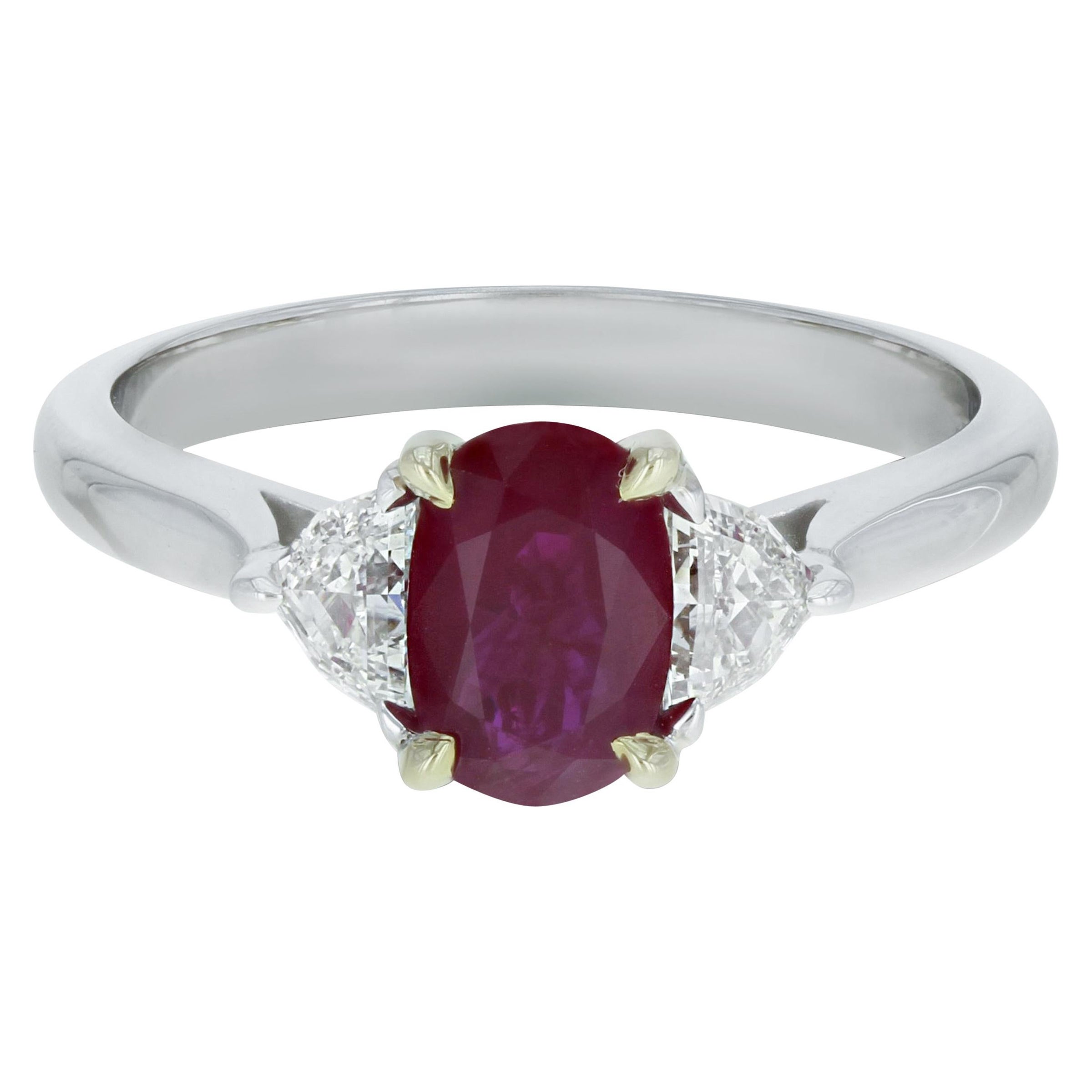 Three-Stone Oval Burma Ruby Diamond Ring 1.36 Carat 18 Karat White Gold For Sale