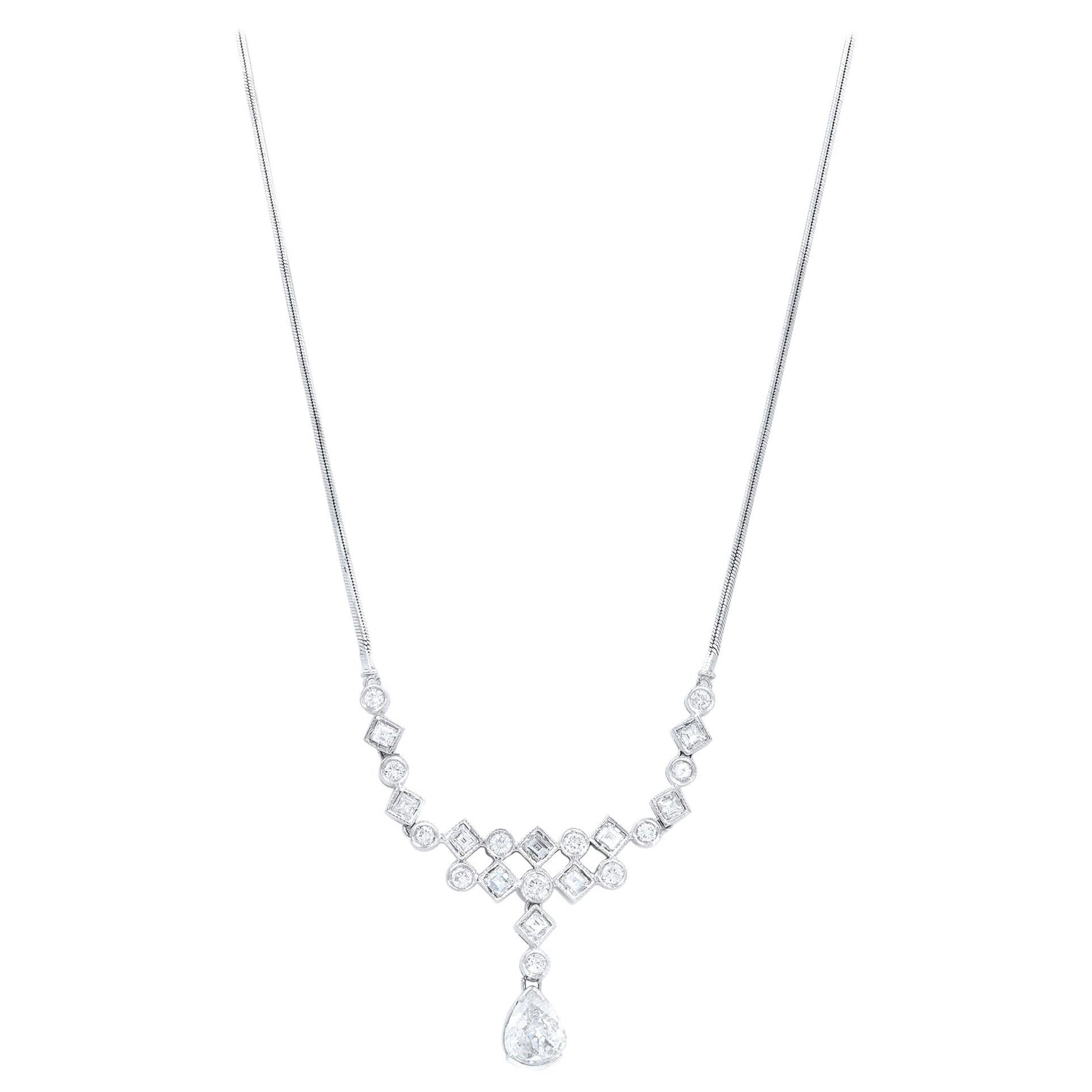Rachel Koen Pear Round and Carre Shape Diamond Necklace 18K White Gold 2.25Cttw