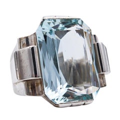 Vintage Rene Boivin 1935 Art Deco Geometric Ring in Sterling Silver 27.66 Cts Aquamarine