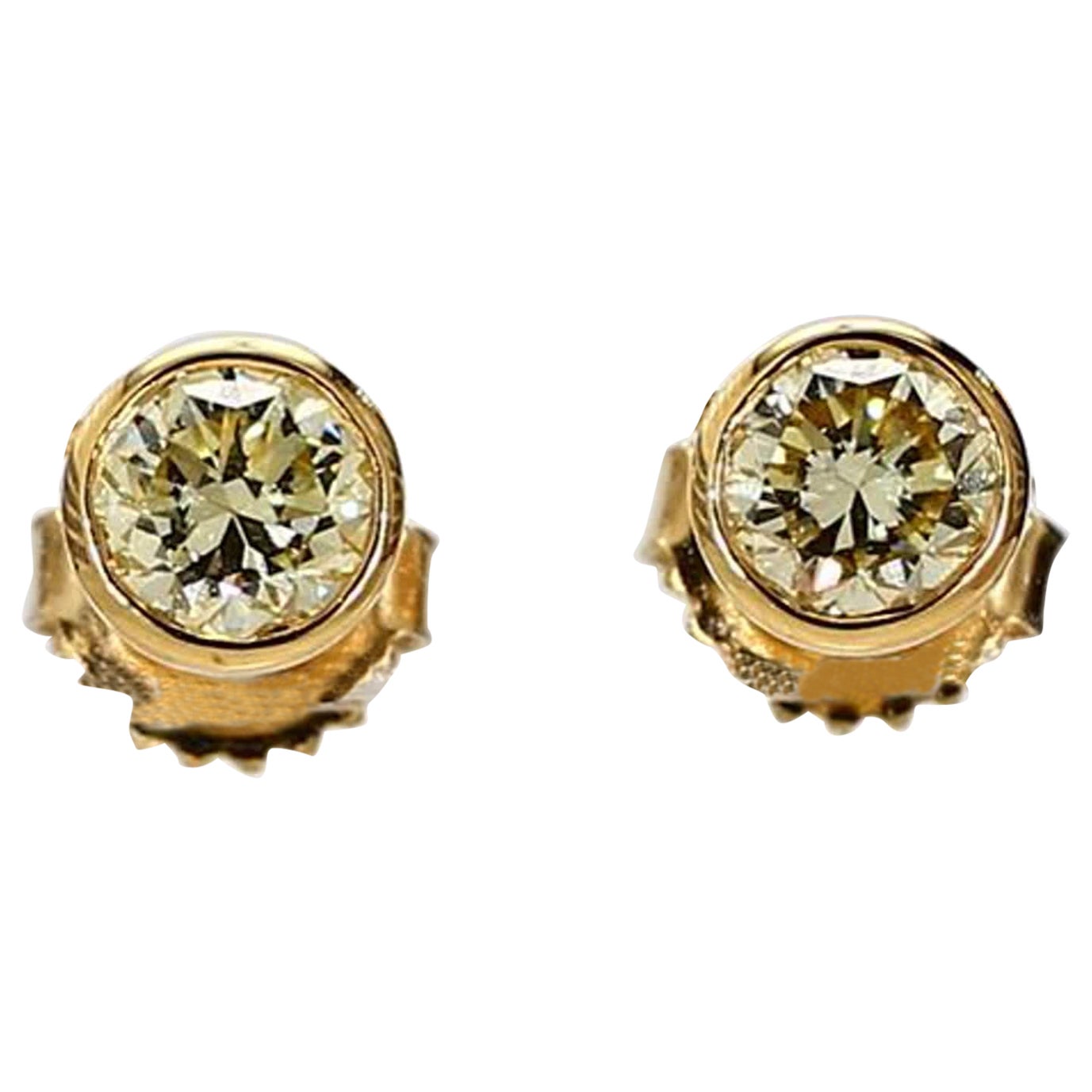 Natural Yellow Round Diamond 1.06 Carat TW Yellow Gold Stud Earrings