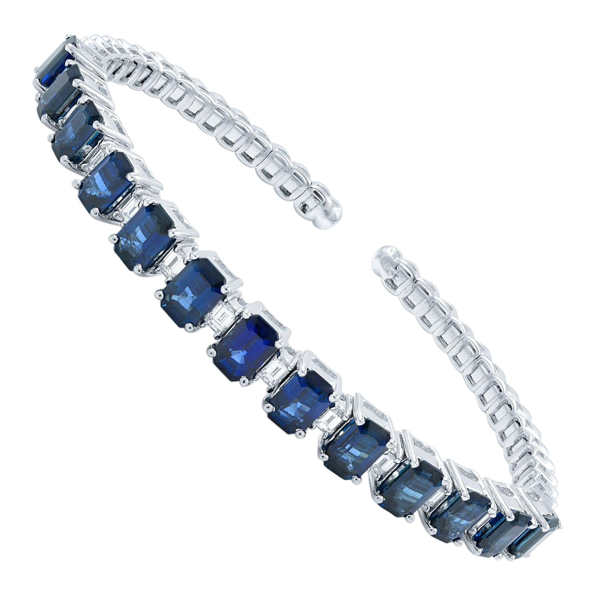Blue Sapphire 10.20Cttw And Diamond 1.20Cttw Bangle Bracelet 18K White Gold 