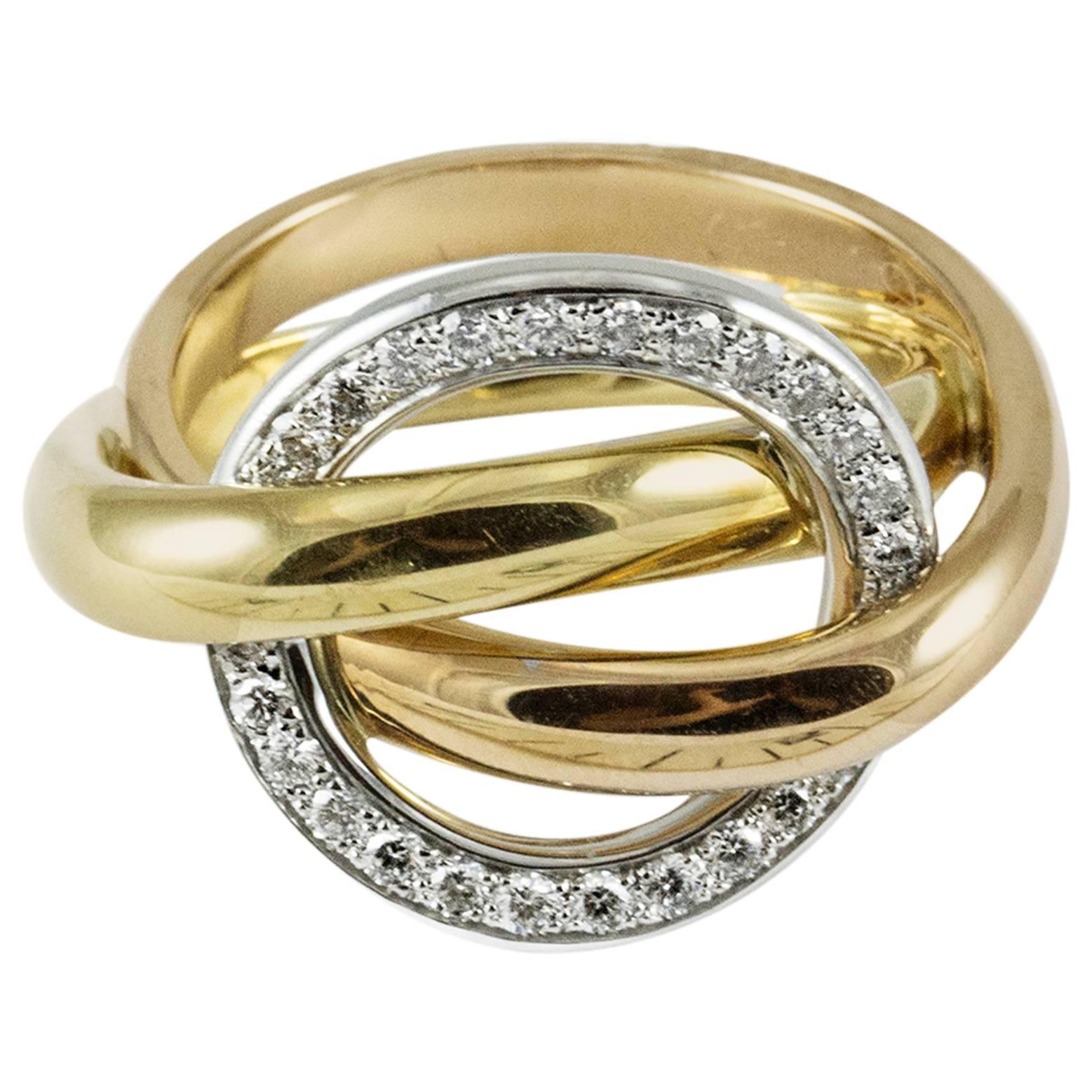 Cartier Diamond Three Color Gold Crush Ring  For Sale