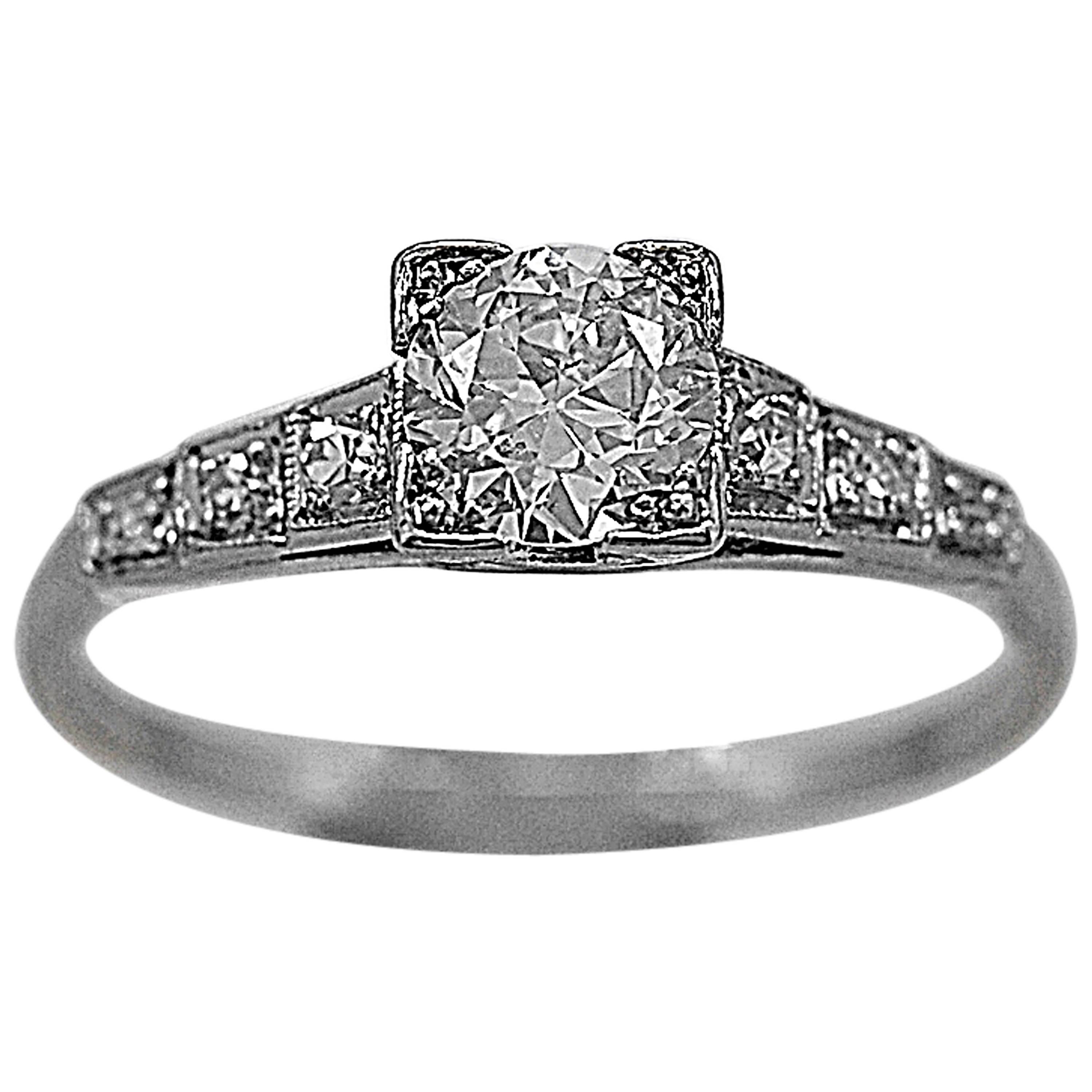 Art Deco .52 Carat Diamond Platinum Engagement Ring For Sale