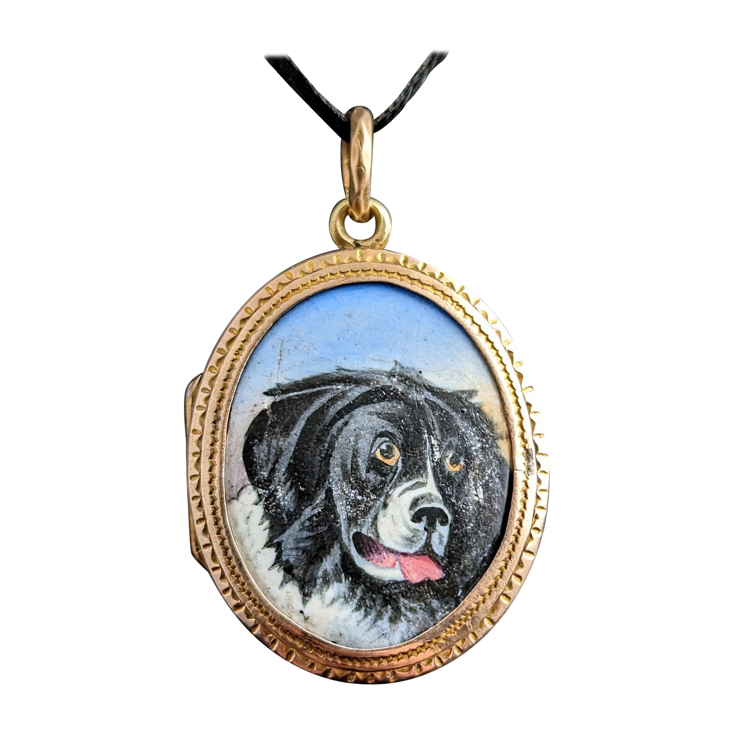 Antique Victorian Dog Portrait Locket, 9k Gold Front and Back