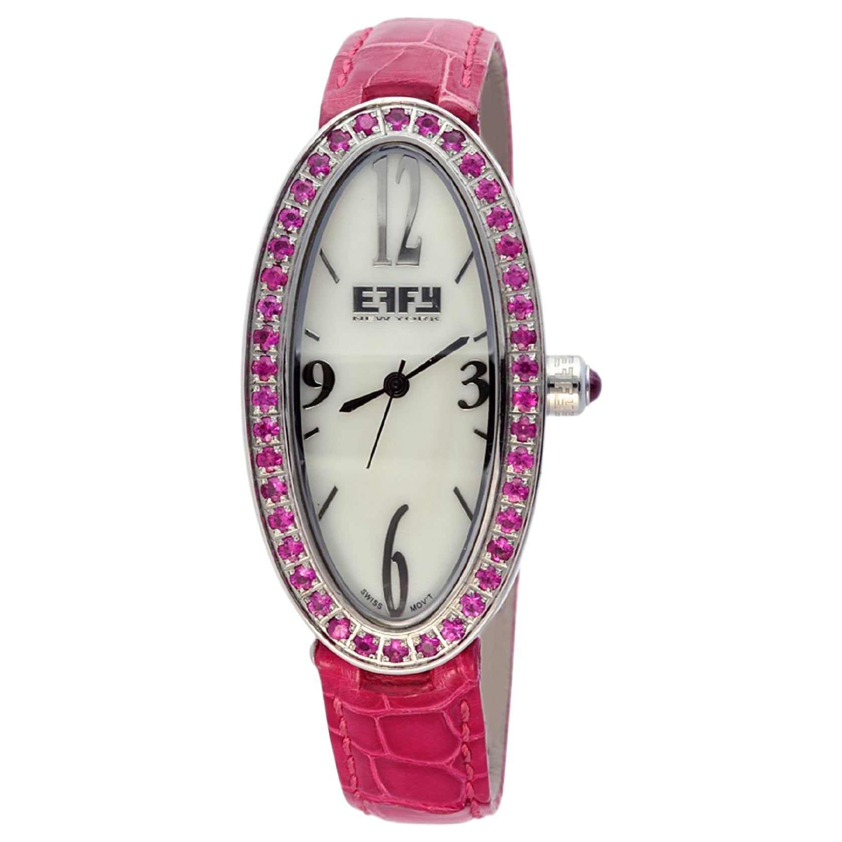 Pink Sapphire Pave Dial Luxury Swiss Quartz Exotic Leather Band Watch For Sale
