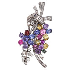 Paul Flato 1940 Deco Retro Brooch Platinum 27.09 Ctw Color Sapphires & Diamonds
