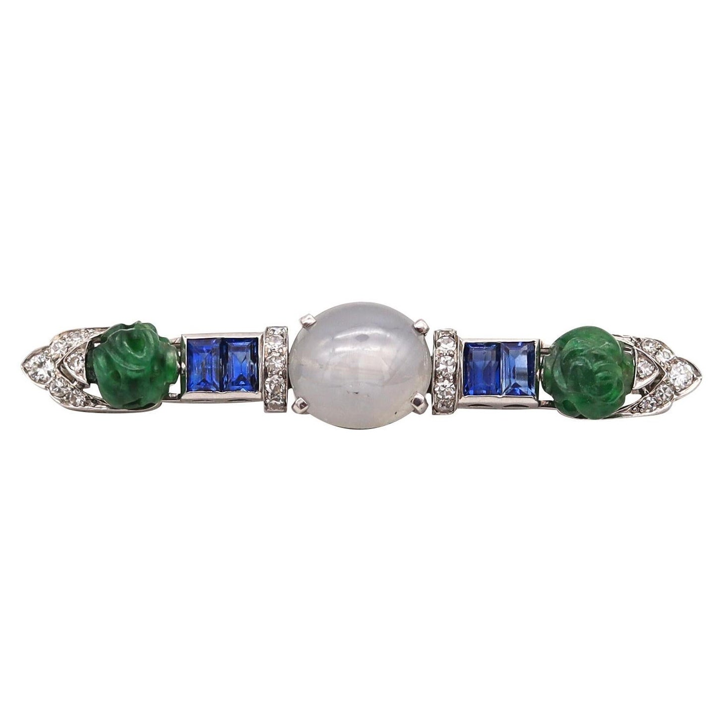 Wedderien 1928 Art Deco Carved Jade Clip Platinum 12.51 Cts Diamonds & Sapphires