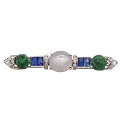Wedderien 1928 Art Deco Carved Jade Clip Platinum 12.51 Cts Diamonds & Sapphires