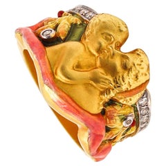 Retro Masriera Art Nouveau Enameled Ring in 18kt Yellow Gold with VS Diamonds