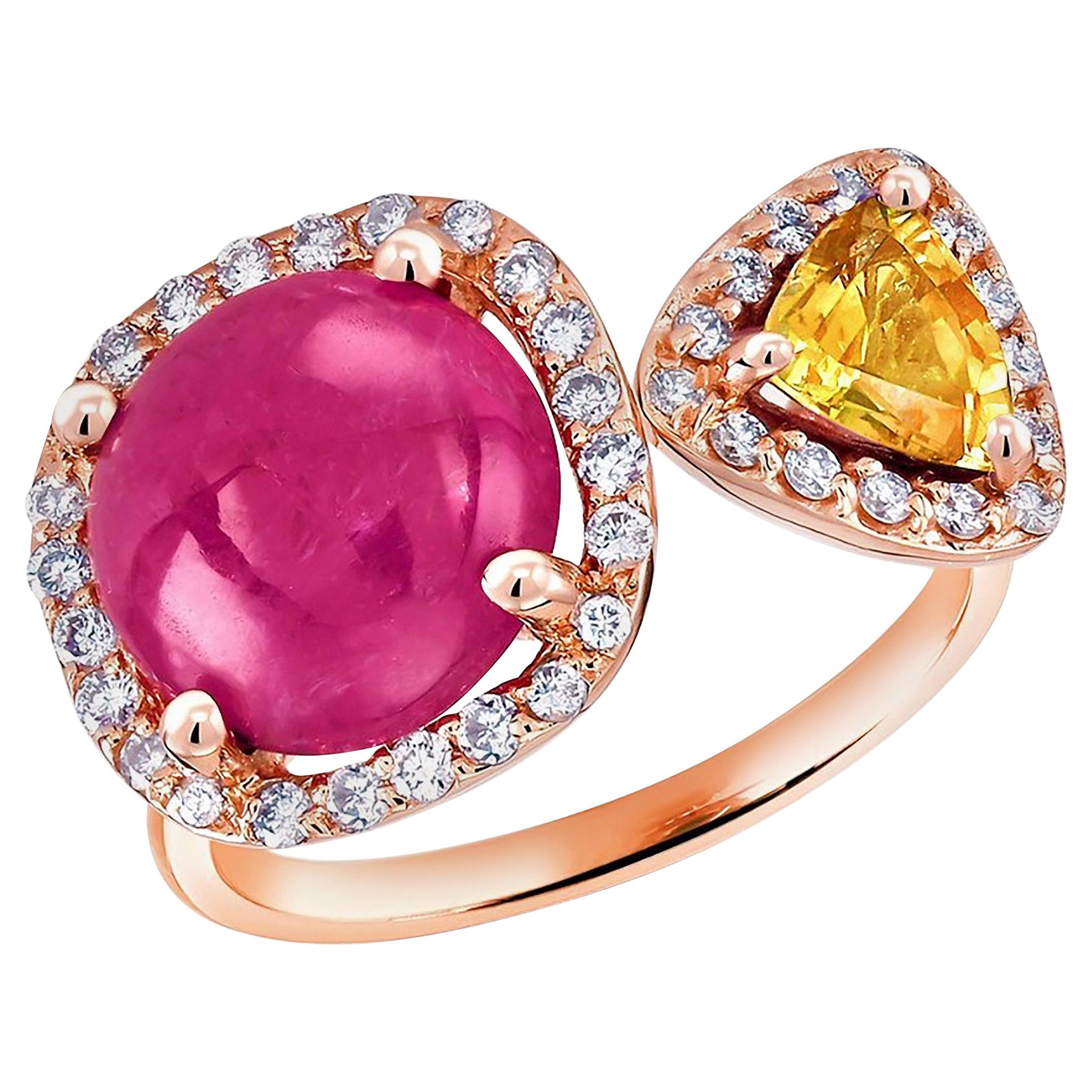 Burma Cabochon Ruby Diamond Yellow Sapphire Open Shank Rose Gold Cocktail Ring