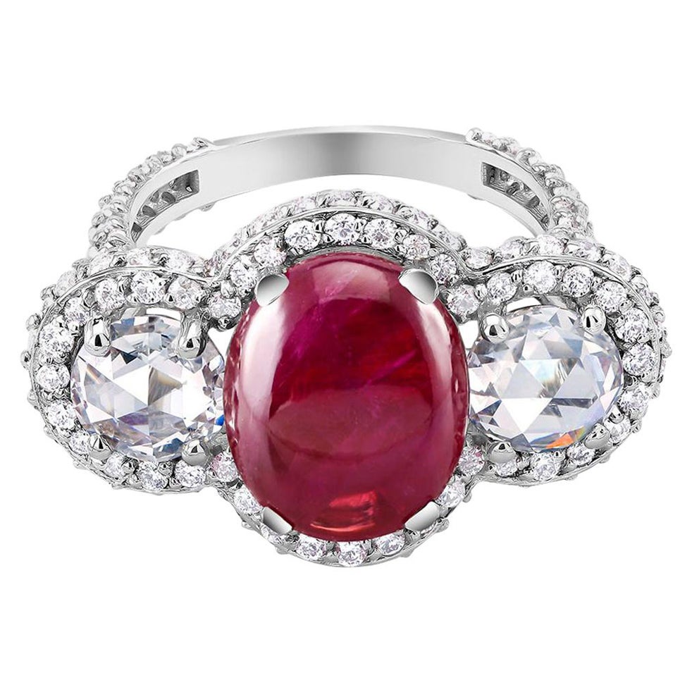 GIA Certified Burma Cabochon Ruby 5.85 Carat Diamond 3.45 Carat 18 Karat Ring