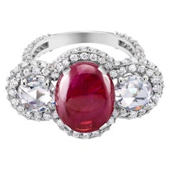 Burma Cabochon Red Ruby and Diamond Cocktail Cluster Ring