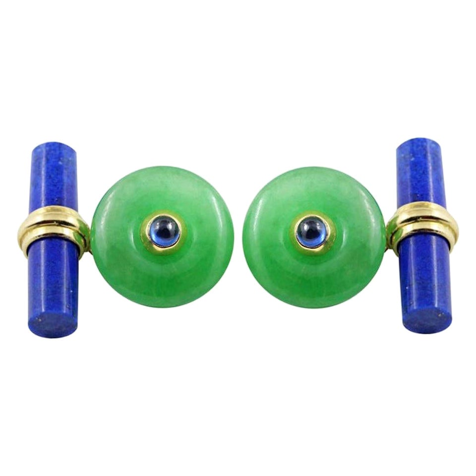 Boutons de manchette en or jaune 18 carats, jade et saphirs avec lapis-lazuli