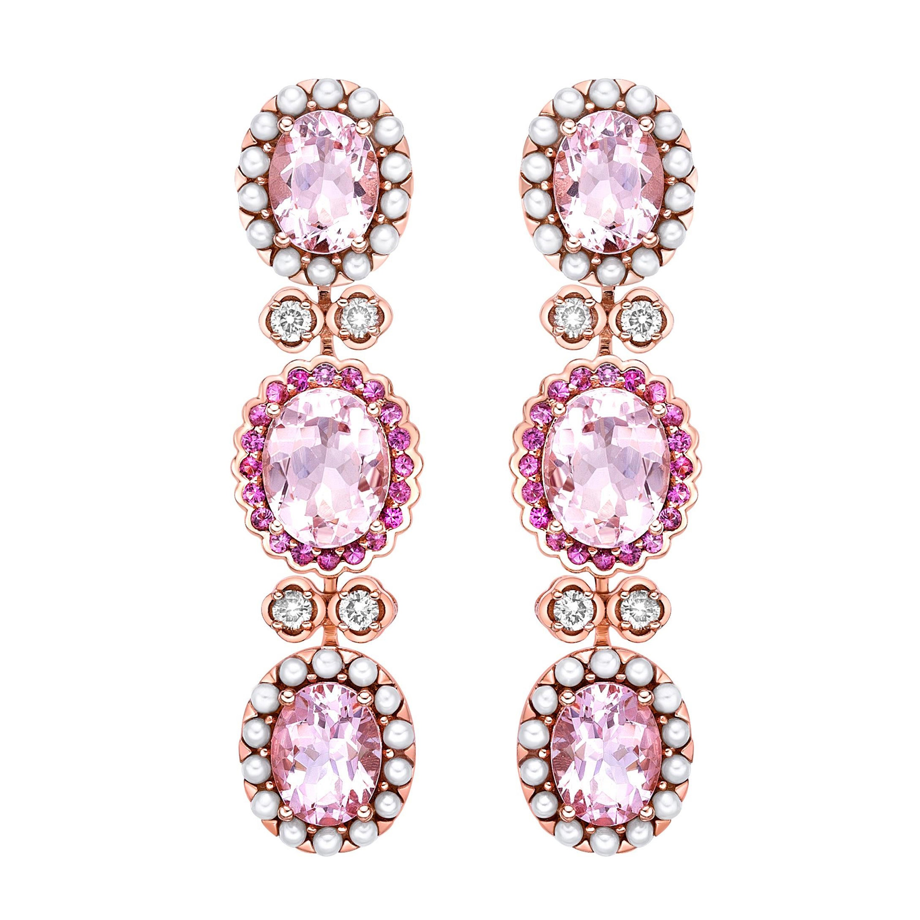 Boucles d'oreilles en morganite rose avec tourmaline, perles et diamants 18 carats