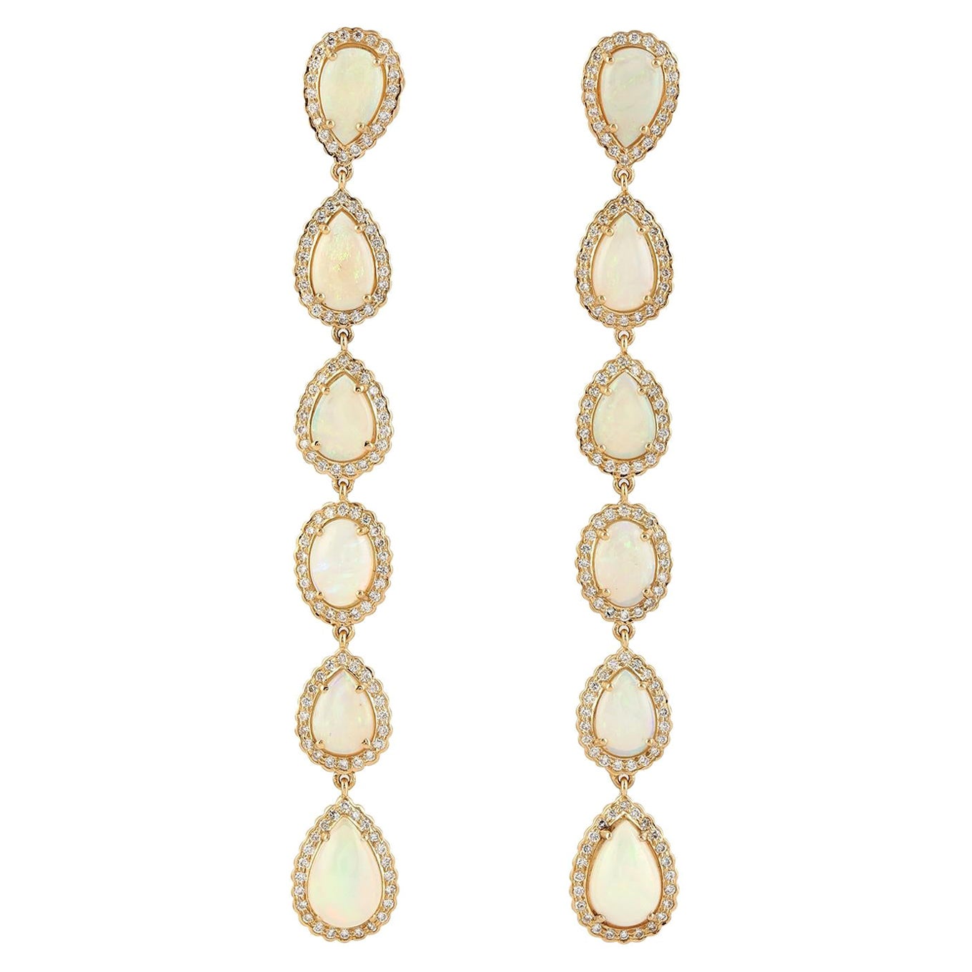 Drop Shaped Ethiopian Opal Long Earrings With Pave Diamonds In 18k Yellow Gold For Sale