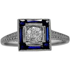 Art Deco .33 Carat Diamond Sapphire Gold Engagement Ring