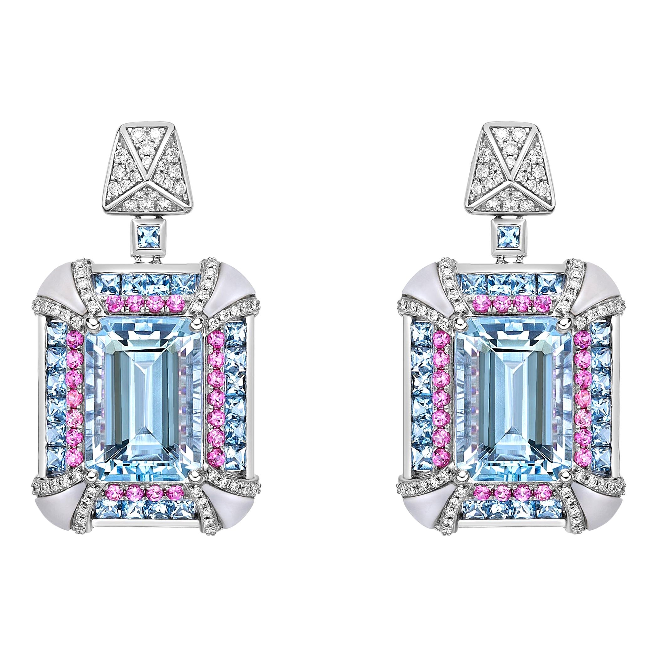Aquamarine Cocktail Earrings with Mother of Pearl, Spinel & Diamond in 18KWG. For Sale