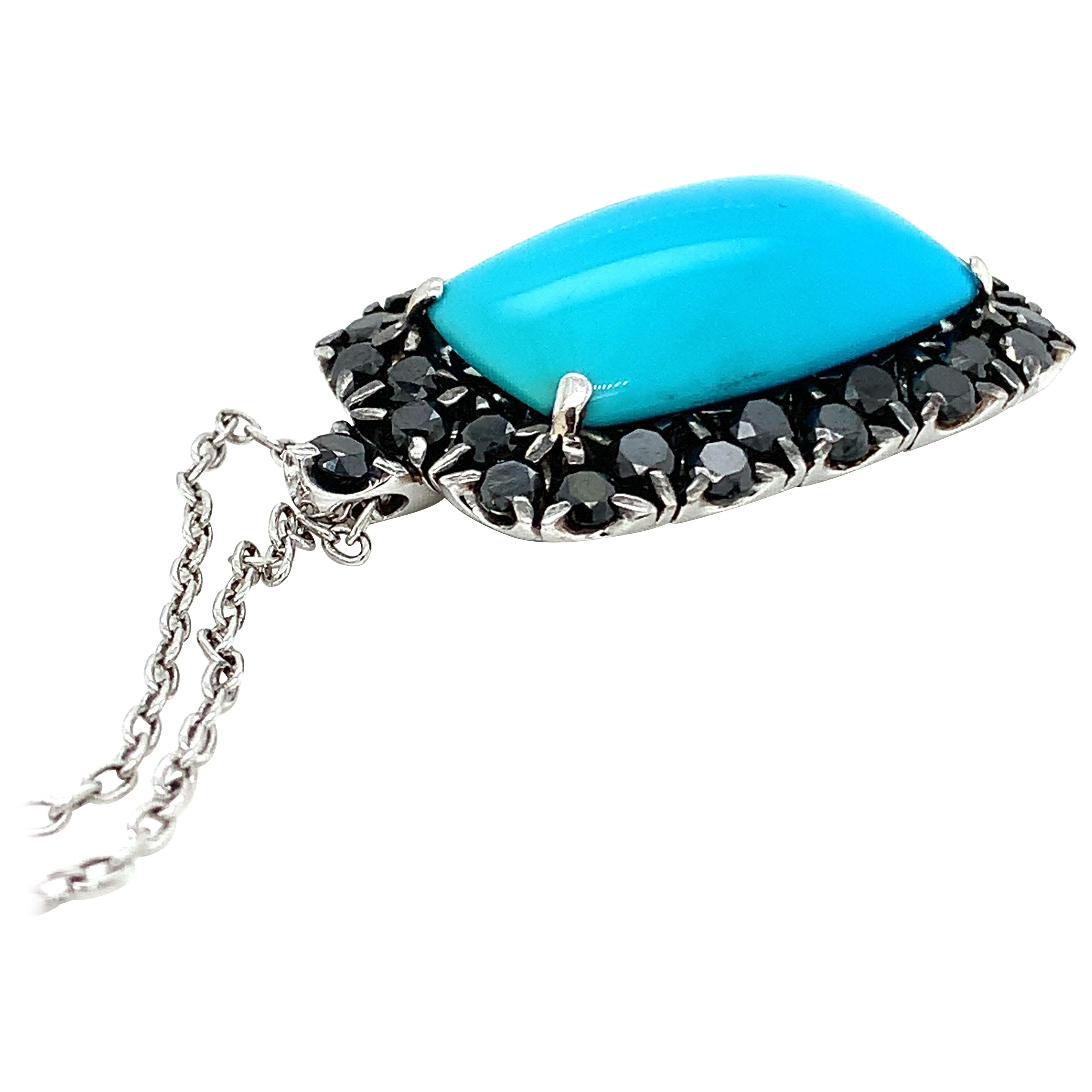 18 Kt White Gold Garavelli Pendant with Chain with Black Diamonds and Turquoise For Sale