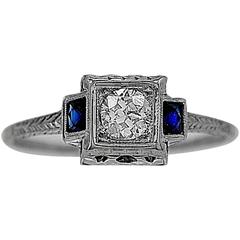 Art Deco .25 Carat Diamond Sapphire Gold Engagement Ring