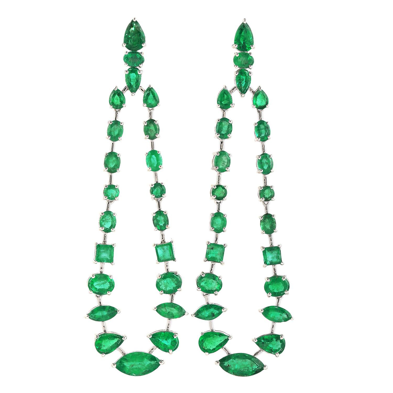 Multi Shaped Zambian Emerald Chandelier Earring Made in 18k White Gold For Sale