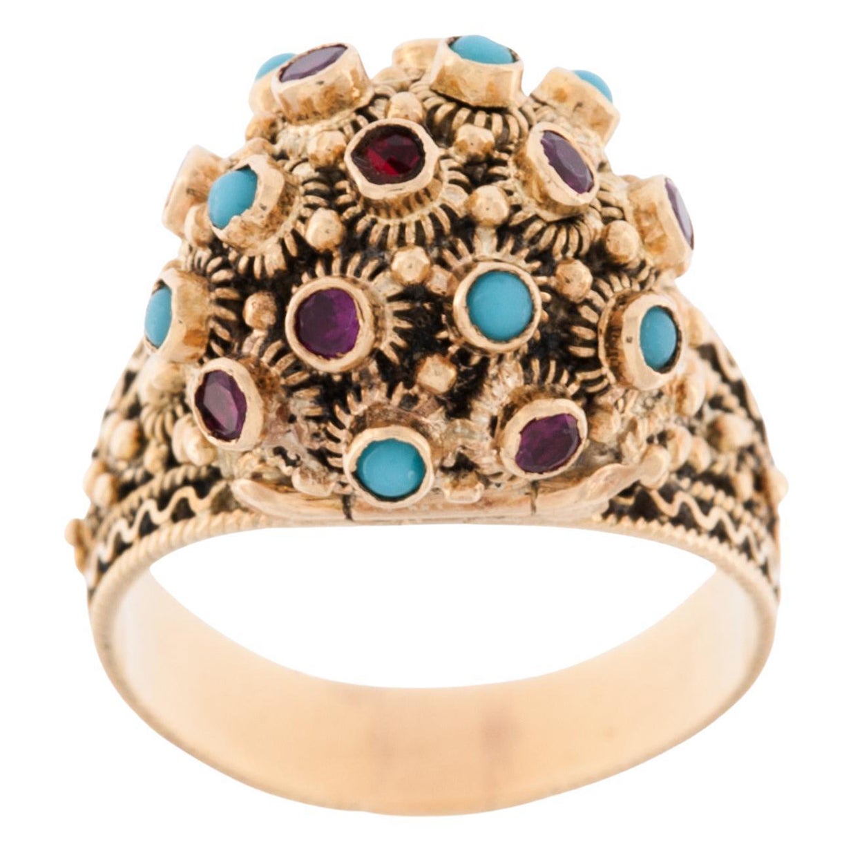 Art Deco Turquoise and Ruby Stone 19 Kt Yellow Gold Ring