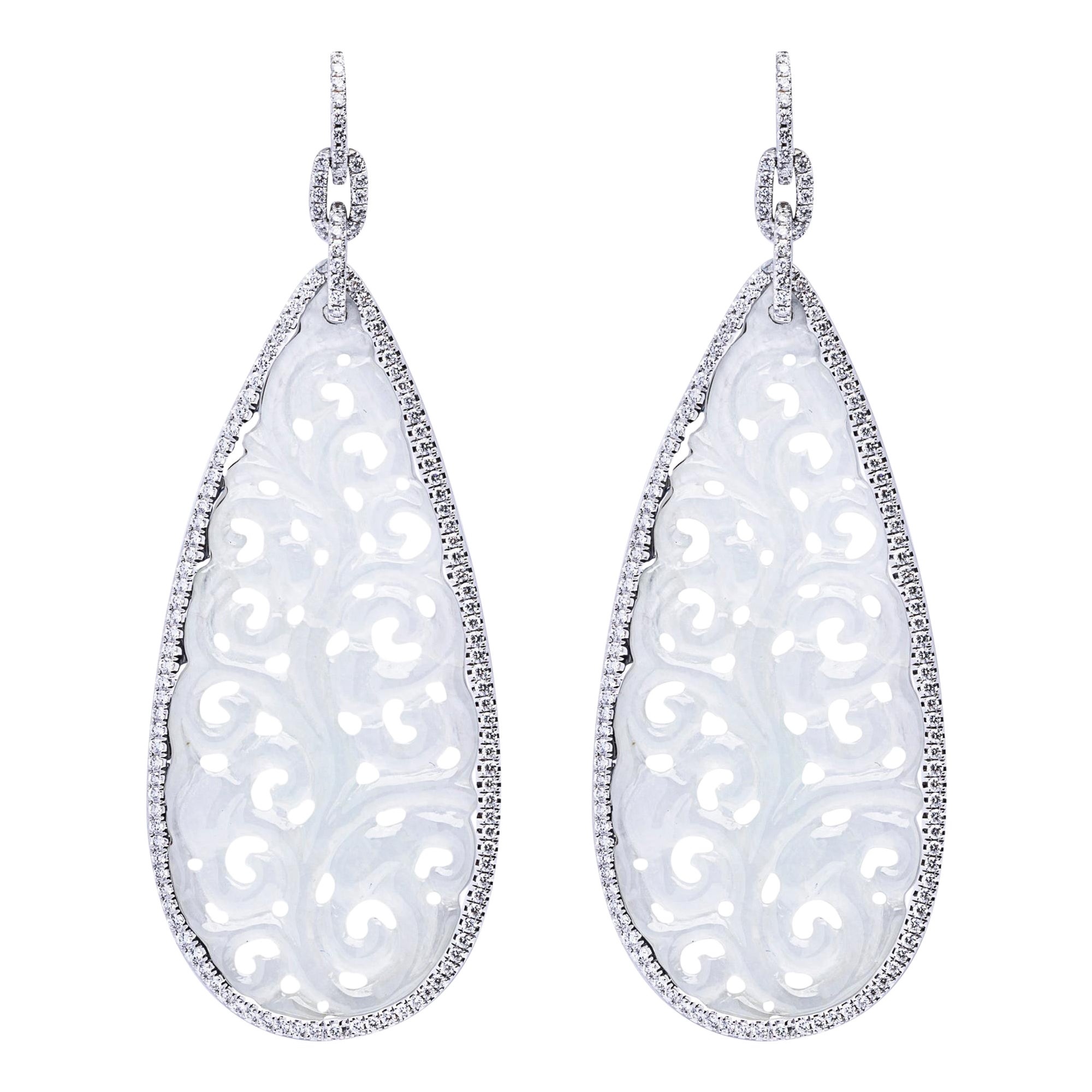 Alex Jona Carved White Jade White Diamond White Gold Pendant Earrings For Sale
