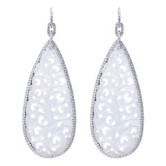 Alex Jona Carved White Jade White Diamond White Gold Pendant Earrings