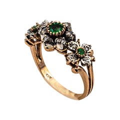 Art Deco Style 0.82 Carat White Rose Cut Diamond Emerald Yellow Gold Band Ring