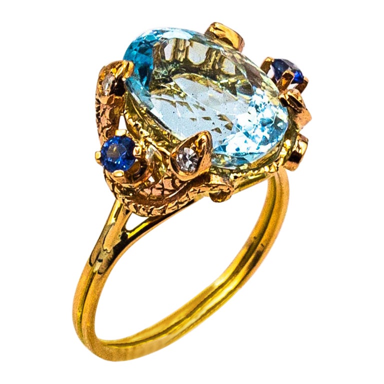 Art Deco Style White Diamond Blue Sapphire Aquamarine Yellow Gold Cocktail Ring