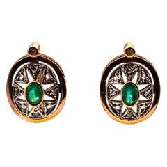 Art Deco Style White Rose Cut Diamond Oval Cut Emerald Yellow Gold Earrings