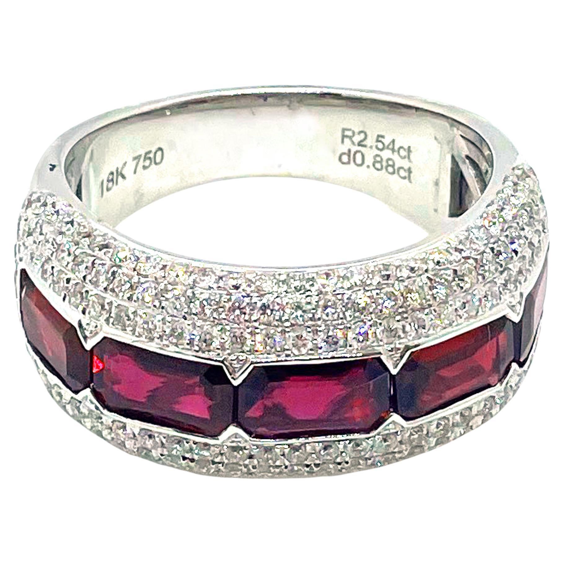 White Ringed Target Customizable Diamond and Ruby Art Deco Style Octagon Target Ring in 18K ...
