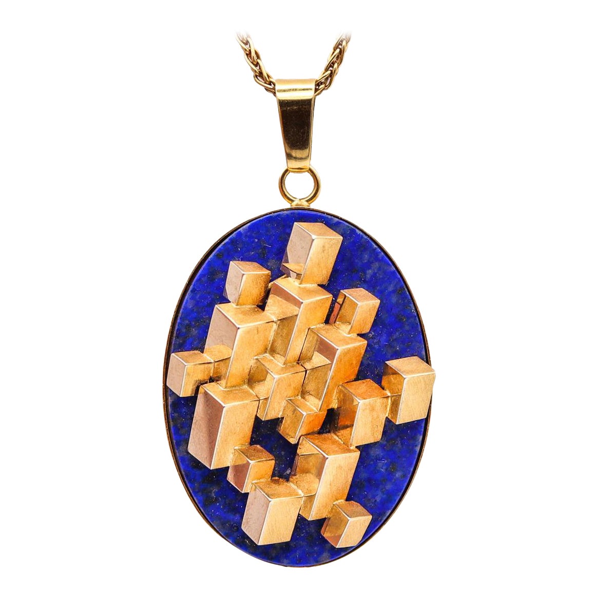 Livio Bevilacqua 1967 Op Art Geometric Pendant Necklace in 18Kt Gold and Lapis For Sale