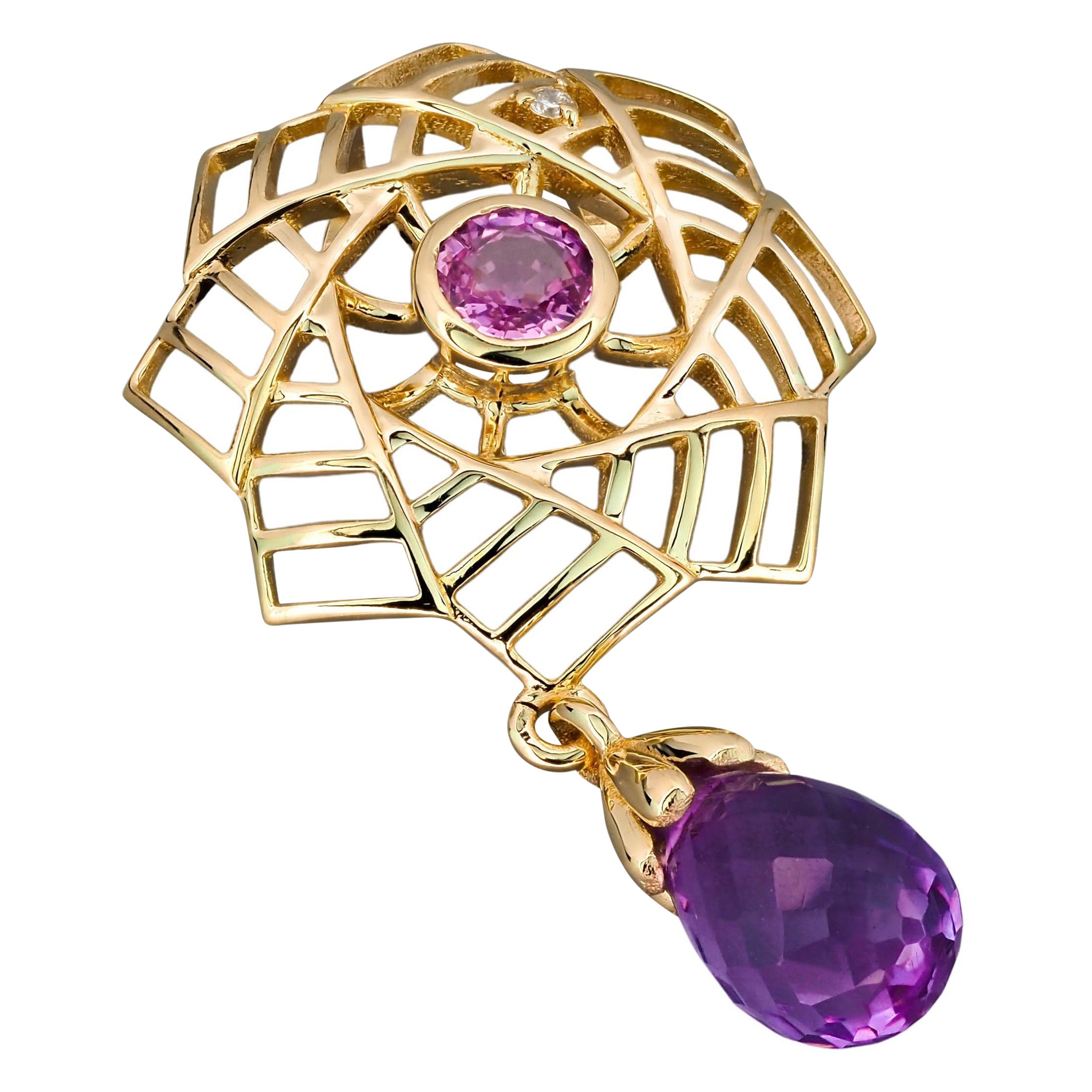 Amethyst Pendant in 14k Gold, Pink Sapphire Pendant in 14k Gold For Sale