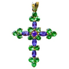 14k Gold Cross Pendant with Colored Stones, Amethysts and Tsavorites