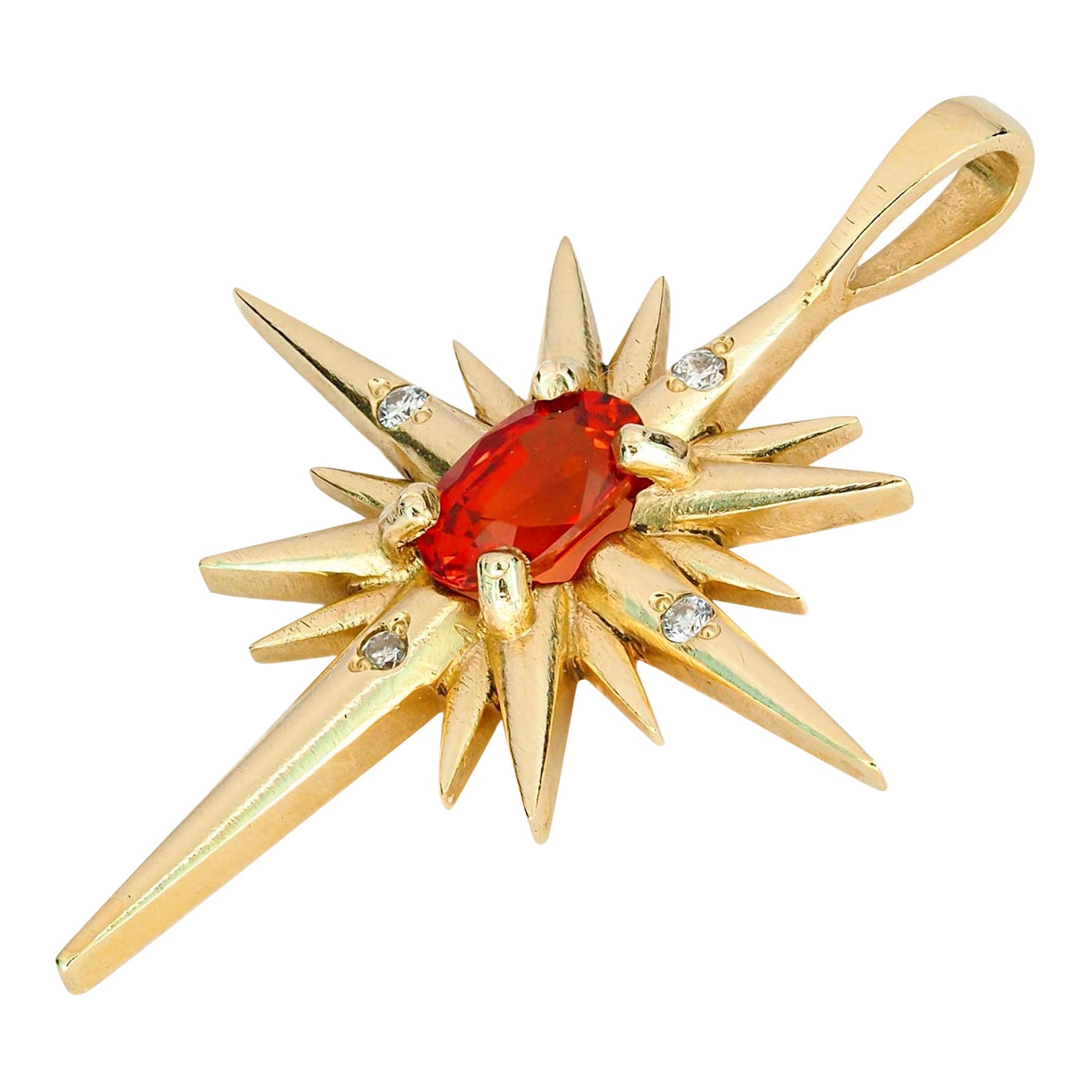 14k Gold Pendant with Orange-Red Sapphire and Diamonds, Shining Star Pendant For Sale